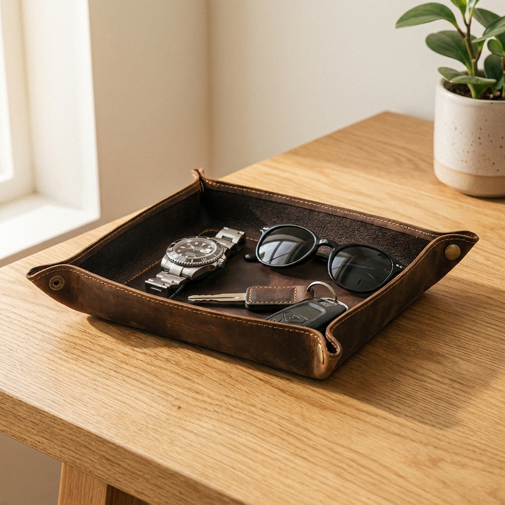 Genuine Leather Valet Tray – Foldable Catchall for Keys Coins Watch Desk Organizer