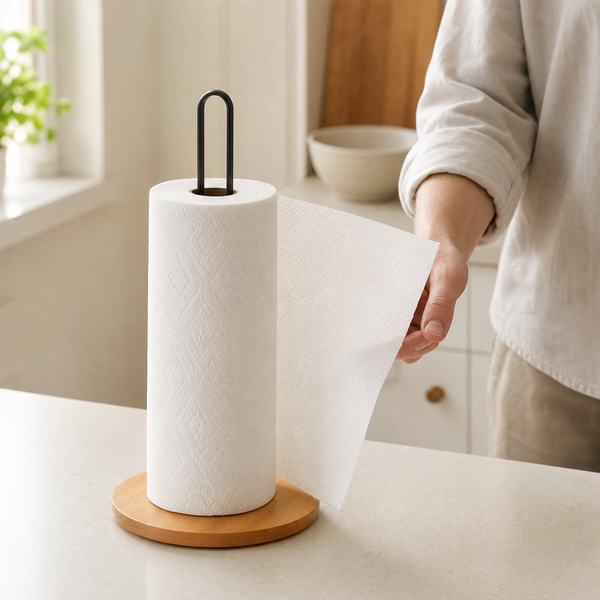 Paper Towel Holder Stand – Bamboo Base Metal Rod Countertop Kitchen Storage Rack