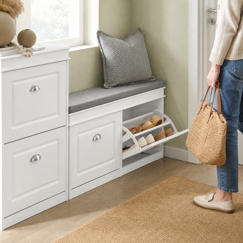 Shoe Storage Bench with Cushion – 2 Flip Drawers Entryway Seat White Hallway