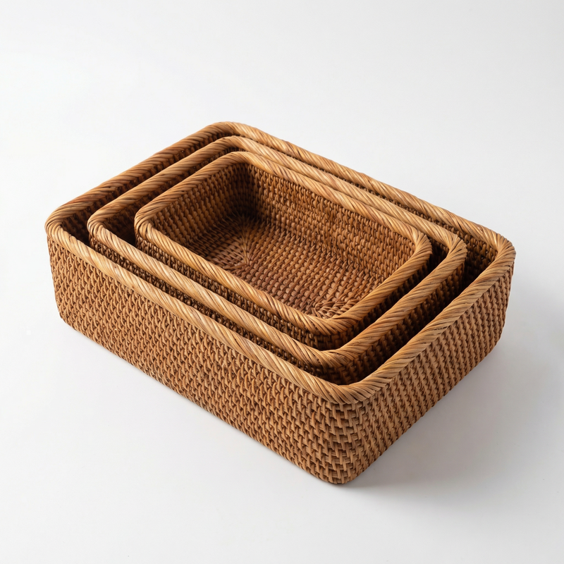 Handwoven Rattan Basket Organizer – Storage Tray for Cosmetics, Toiletries, Countertops & Dining Table