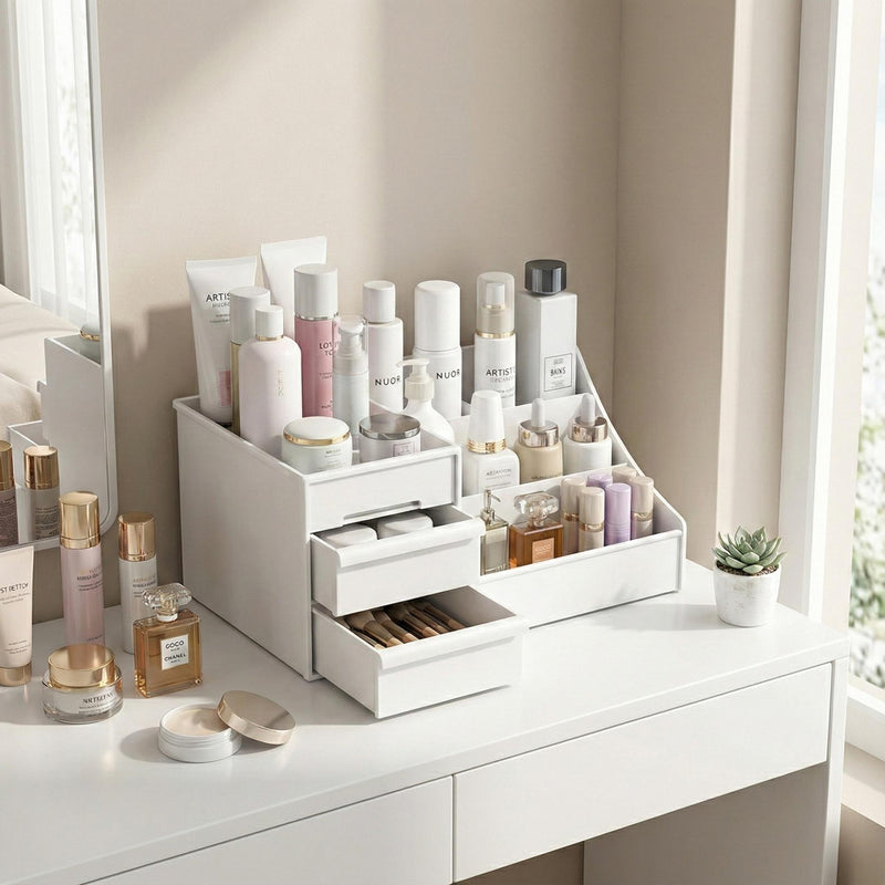Compact Cosmetic Storage Box - Multi-Purpose Desk & Makeup, bathroom counter Organizer, bedroom vanity storage