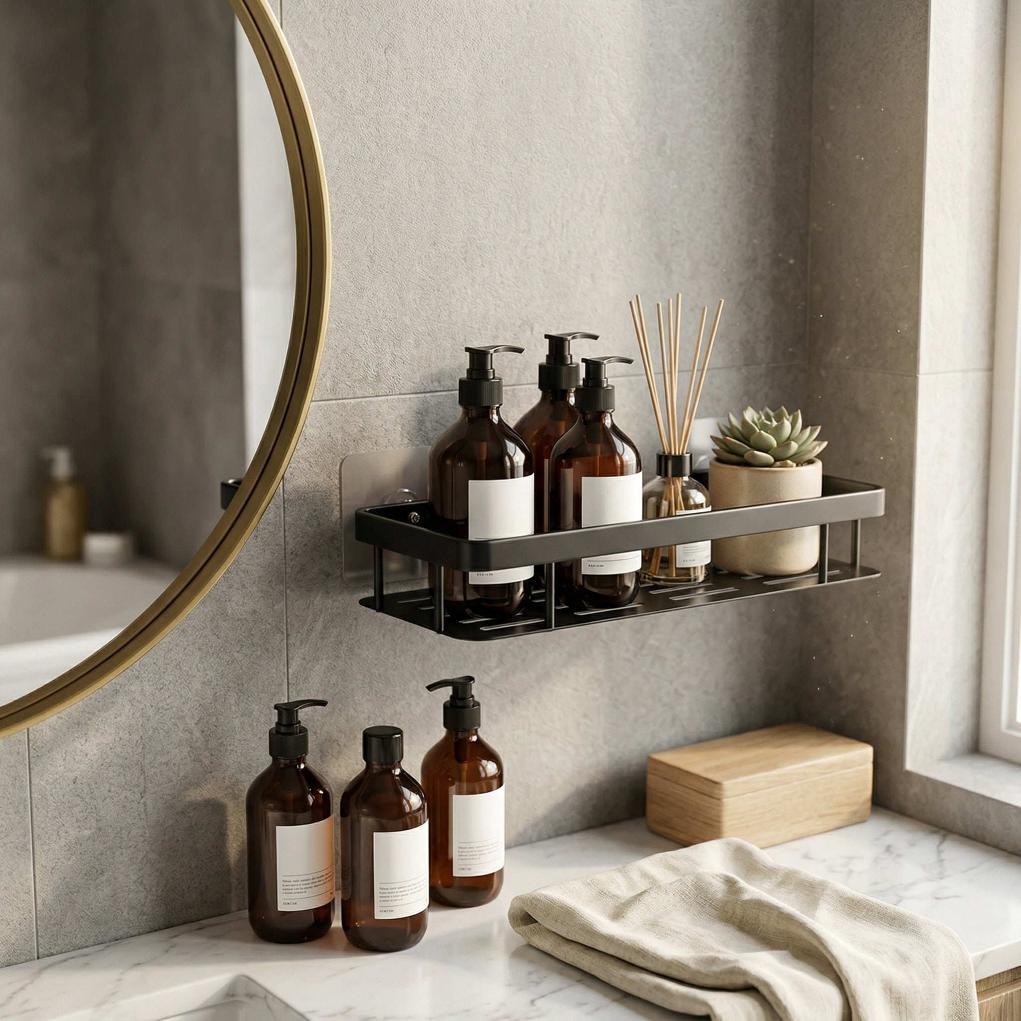 Bathroom Shelf Wall Mounted – Aluminum Alloy Shower Organizer, No Drill Storage Rack for Toiletries