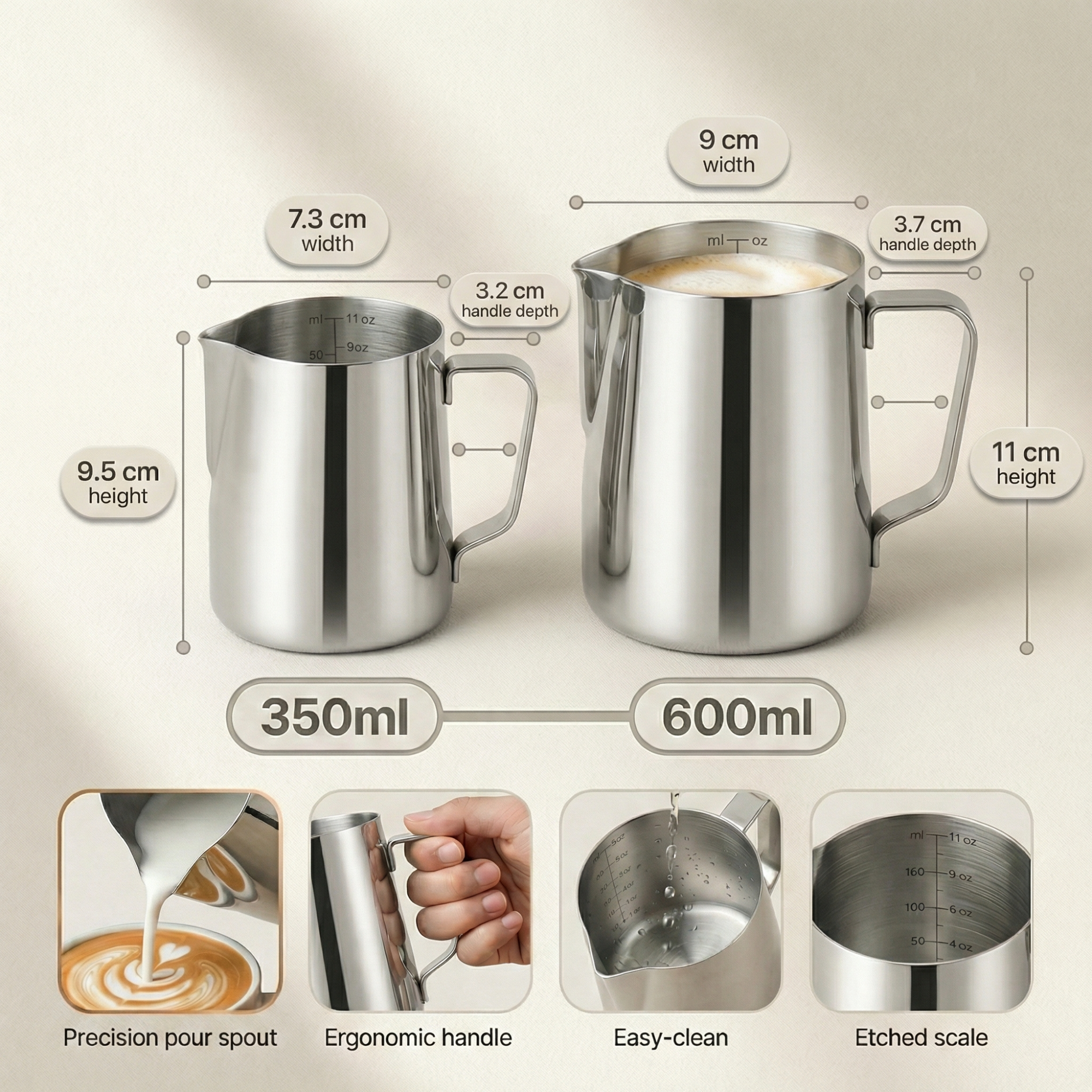 Coffee Latte Scale Cup – 304 Stainless Steel Milk Frothing Pitcher with Internal Scale