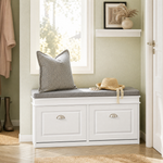 Shoe Storage Bench with Cushion – 2 Flip Drawers Entryway Seat White Hallway