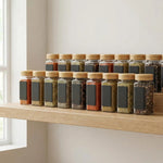 Glass Spice Jar Set with Wooden Bamboo & Rosewood Lids – 120ml with Labels, Kitchen Organisation