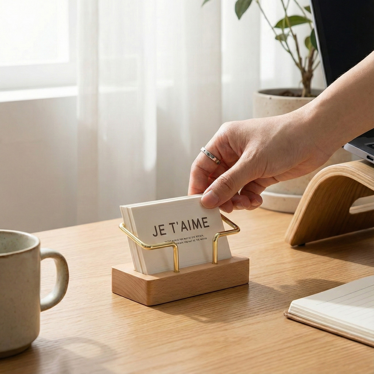 Business Card Holder – Wood and Metal Stand for Office Desk, Name Cards, Affirmation Display