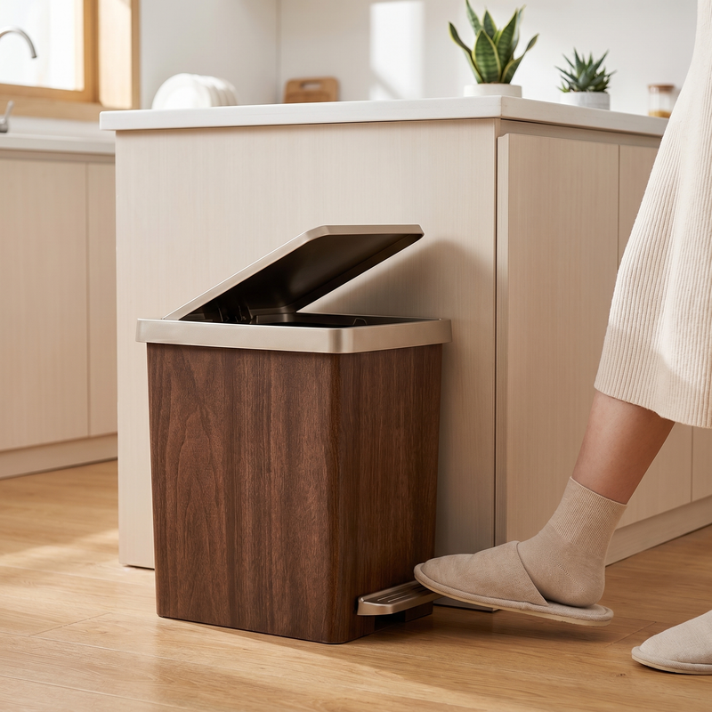 Narrow Wood Grain Trash Can – Step Pedal Lid, Slim Space Saving Bin for Home Office
