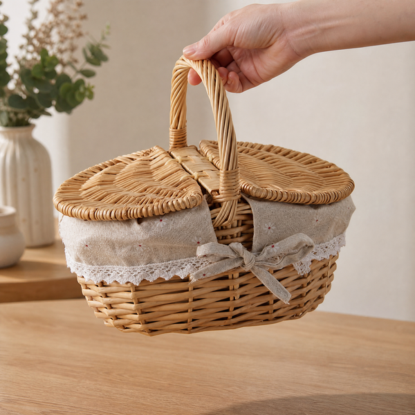 Wicker Picnic Basket with Lid – Willow Hamper with Linen Lining and Carry Handle