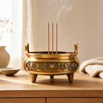 Large Copper Incense Burner – Lotus Relief, Triple Foot, Home Altar Meditation Decor