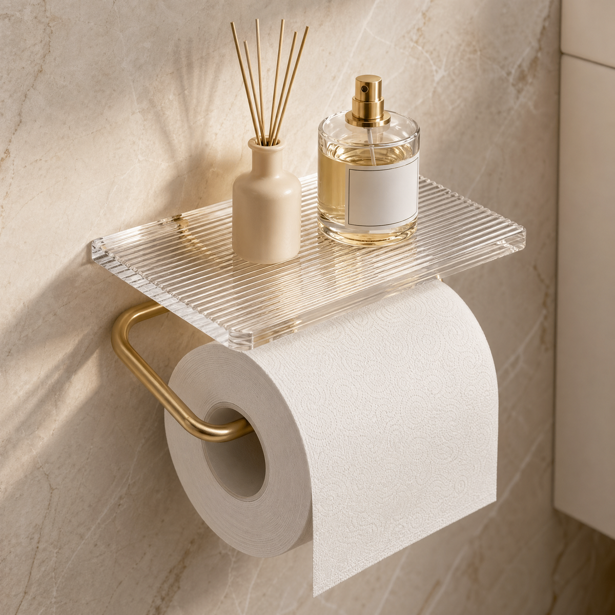 Wall Mounted Toilet Paper Holder with Acrylic Shelf – Gold Silver Bathroom Storage