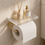 Wall Mounted Toilet Paper Holder with Acrylic Shelf – Gold Silver Bathroom Storage