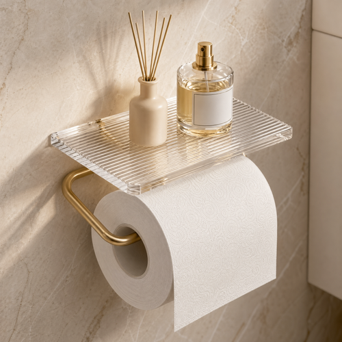 Wall Mounted Toilet Paper Holder with Acrylic Shelf – Gold Silver Bathroom Storage