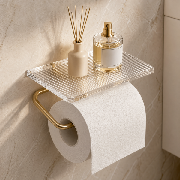 Wall Mounted Toilet Paper Holder with Acrylic Shelf – Gold Silver Bathroom Storage
