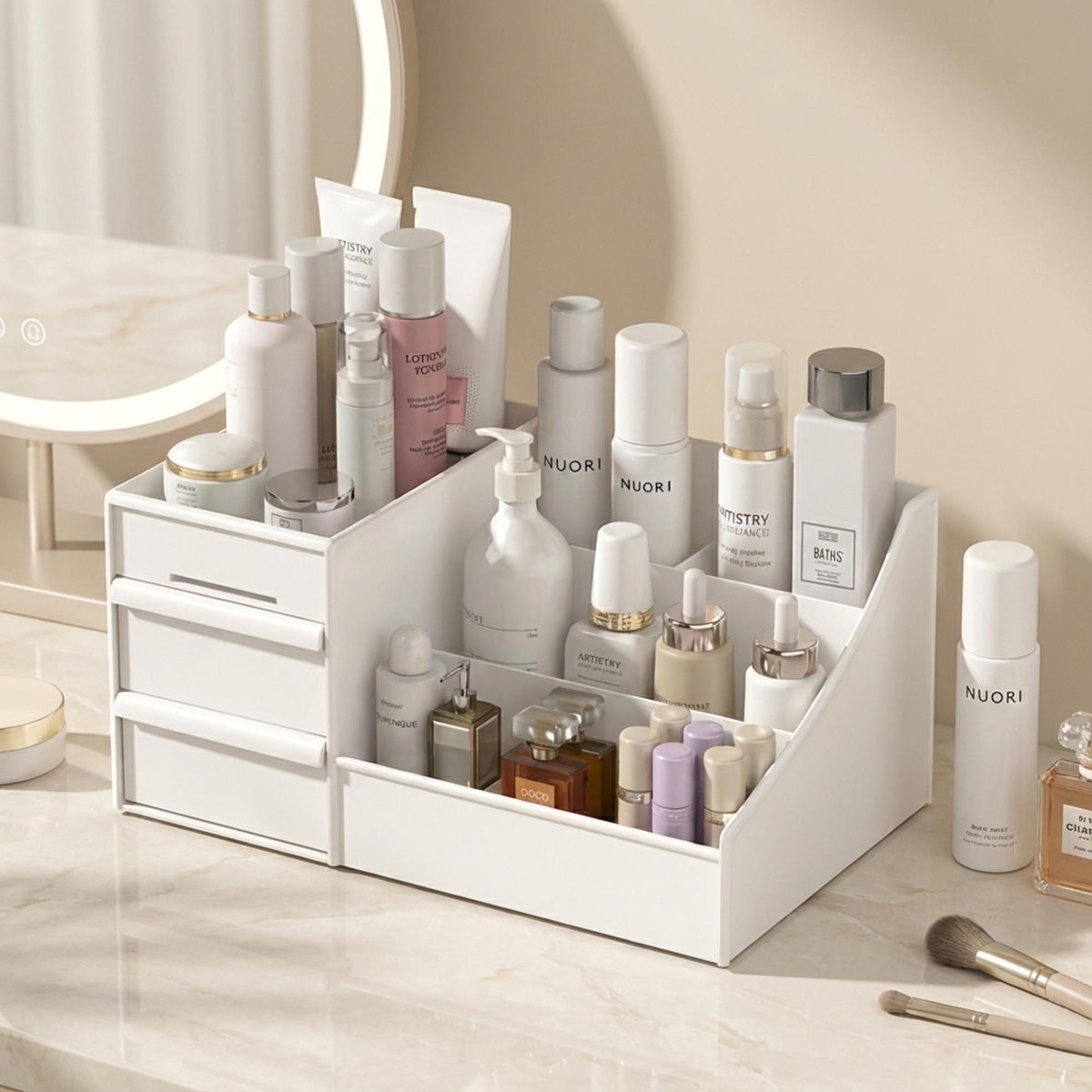 Compact Cosmetic Storage Box - Multi-Purpose Desk & Makeup, bathroom counter Organizer, bedroom vanity storage