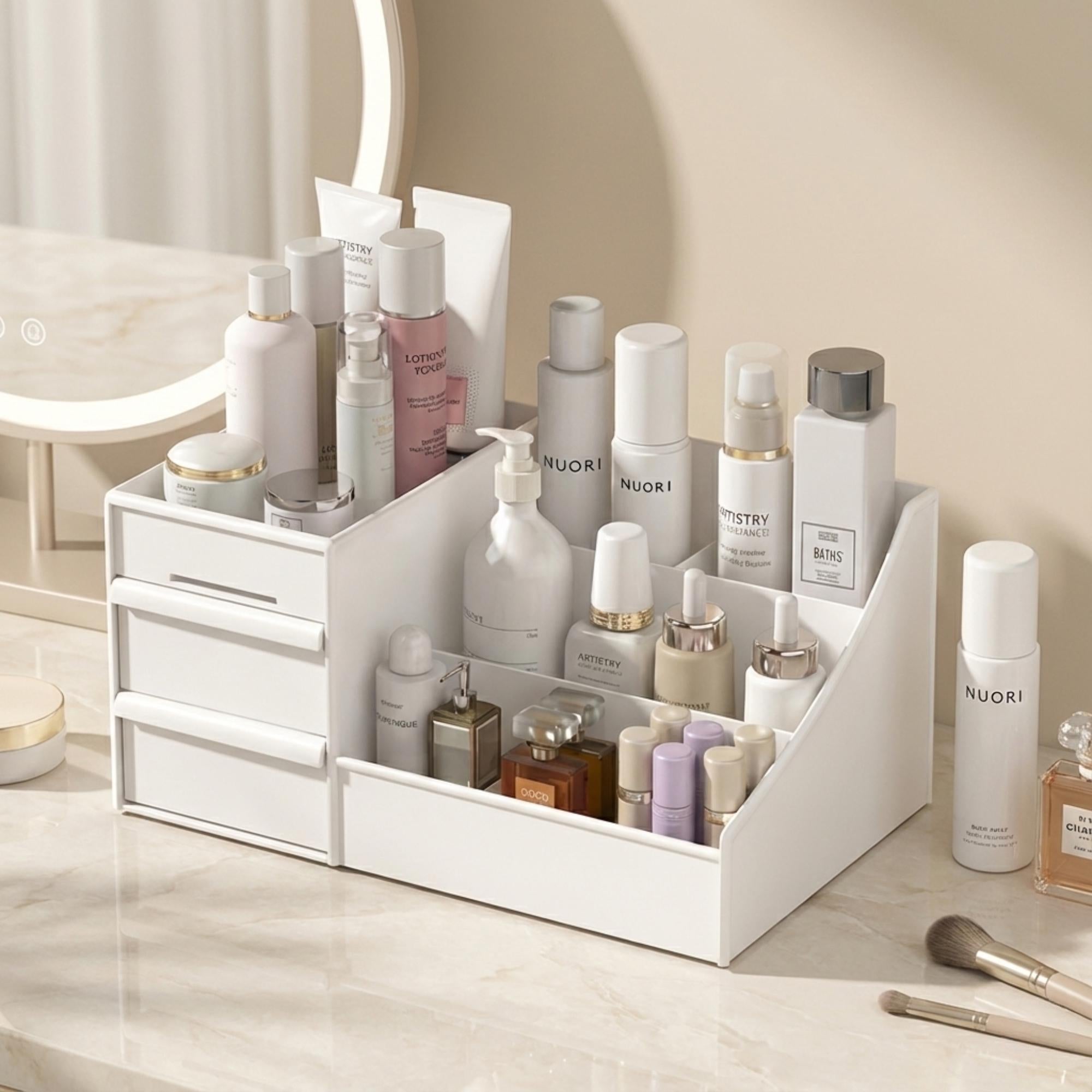 Compact Cosmetic Storage Box - Multi-Purpose Desk & Makeup, bathroom counter Organizer, bedroom vanity storage