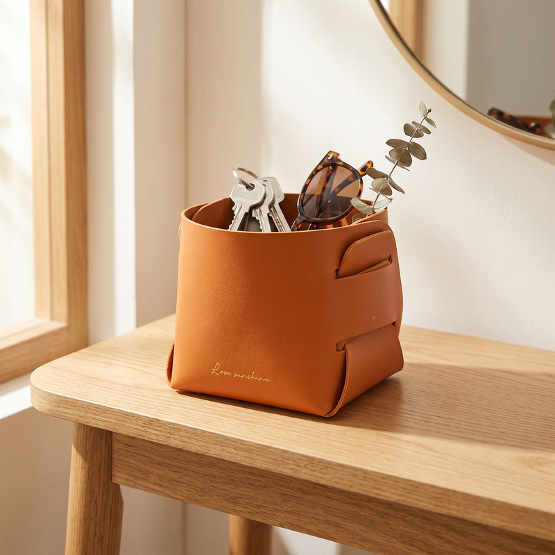 PU Leather Storage Basket – Folding Desktop Organizer for Pens Keys Cosmetics Minimalist Home Decor