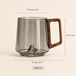 Glass Mug with Wooden Handle – Ribbed Smoky Design, Mountain Relief Base, 400ml