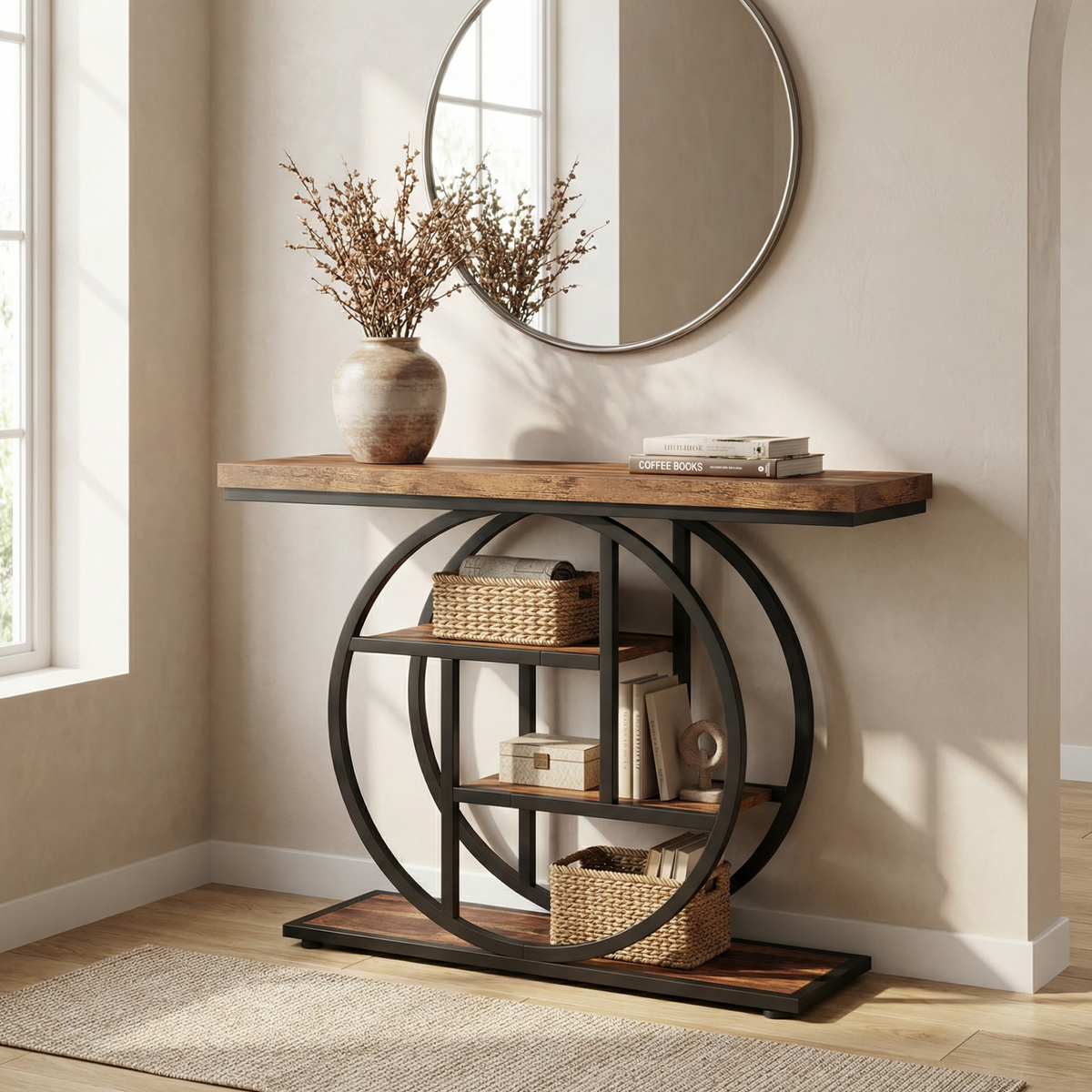 4-Tier Console Table – Modern Table with Open Shelves and Circular Frame for Living Room
