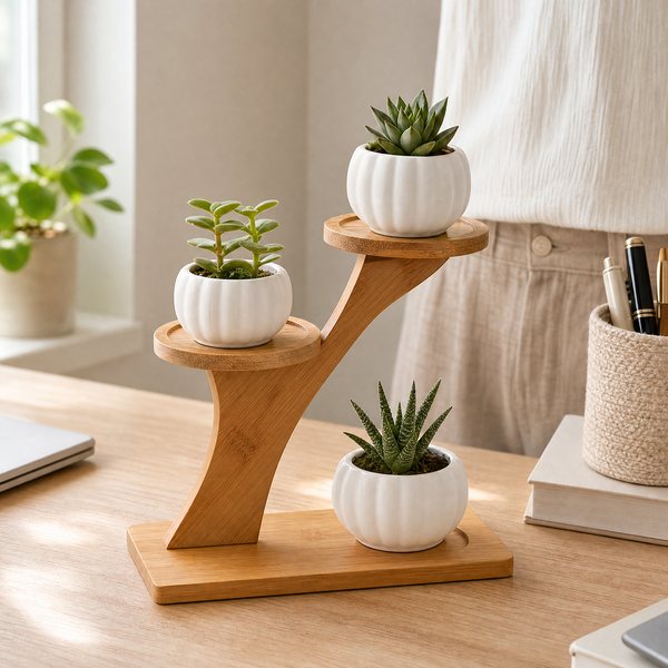 2-Tier Bamboo Plant Stand – Compact Shelf for Desktop, Office and Home Decor