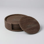 Wood Grain Leather Coasters – Stackable Round Set of 6 with Holder for Coffee Table