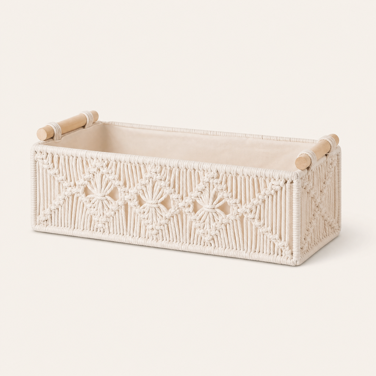Macrame Storage Basket with Wood Handles – Woven Organizer for Bathroom Living Room
