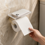Wall Mounted Toilet Paper Holder with Acrylic Shelf – Gold Silver Bathroom Storage