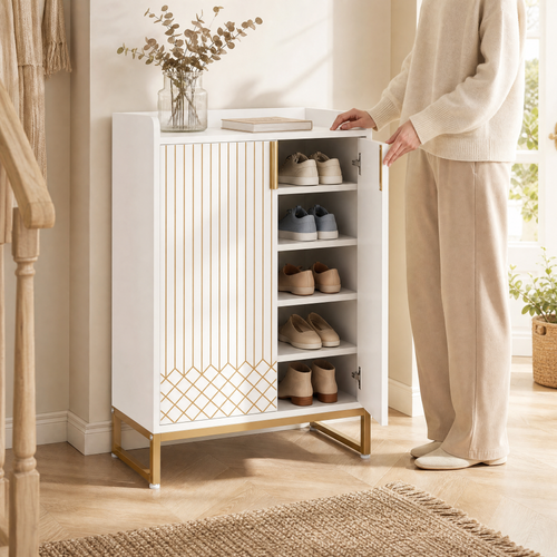 Shoe Cabinet with Doors – 5-Tier Storage, Gold Accents, Hallway Bedroom Living Room
