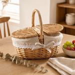 Wicker Picnic Basket with Lid – Willow Hamper with Linen Lining and Carry Handle
