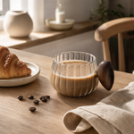 Ribbed Glass Coffee Mug with Wooden Handle – Heat Resistant, 200ml, Clear or Gray