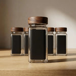 Glass Spice Jar Set with Wooden Bamboo & Rosewood Lids – 120ml with Labels, Kitchen Organisation