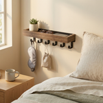 Floating Shelf with 6 Hooks – Wall Mounted Key Holder Rustic Wood Home Organizer