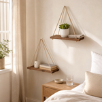 Wood Rope Hanging Wall Shelf – Pine Floating Shelves for Plants Home Decor Display