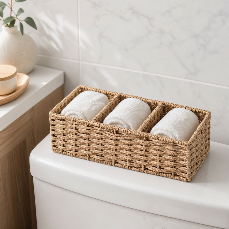Panier de rangement tressé — Organisateur de réservoir de toilettes, Plateau de comptoir de salle de bain