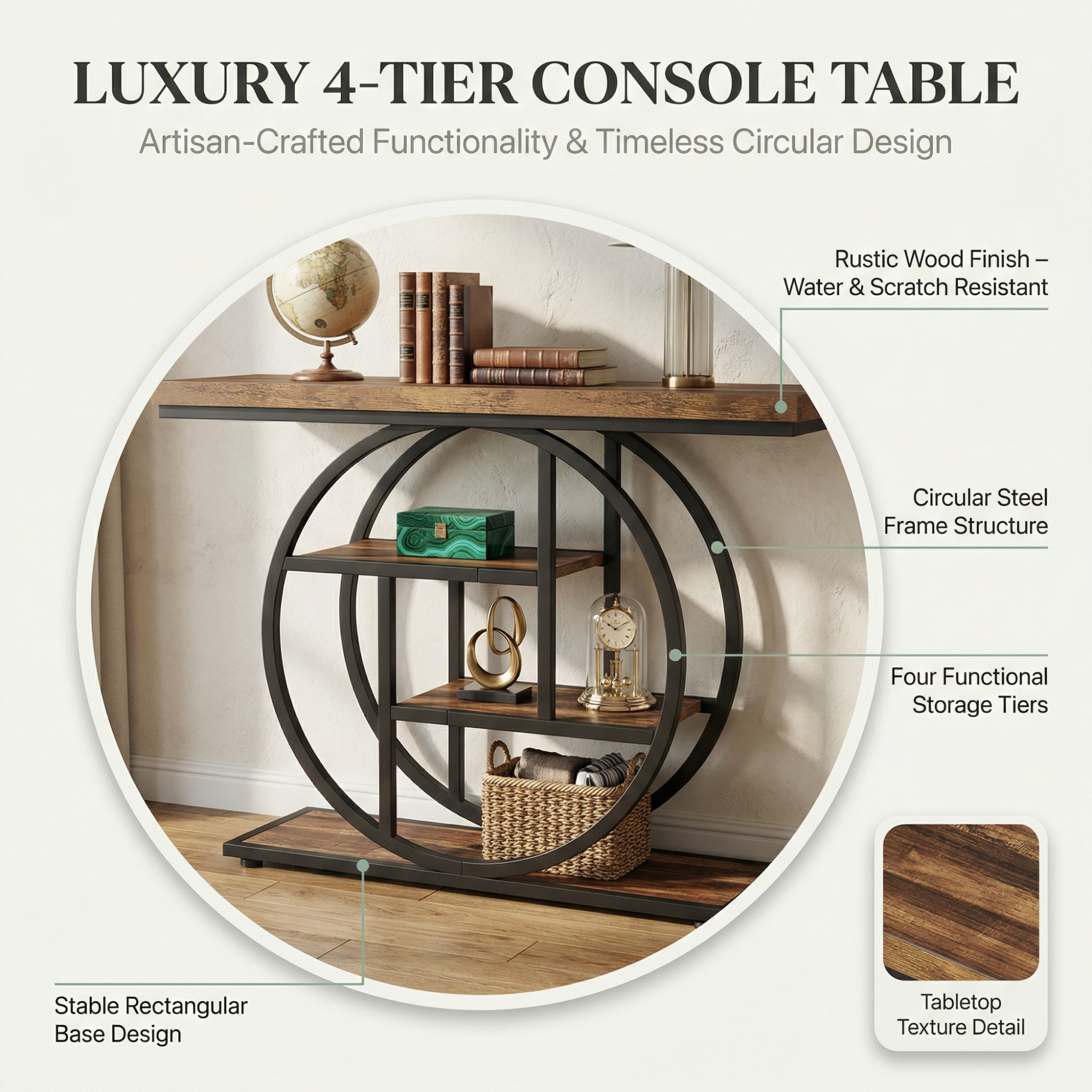 4-Tier Console Table – Modern Table with Open Shelves and Circular Frame for Living Room