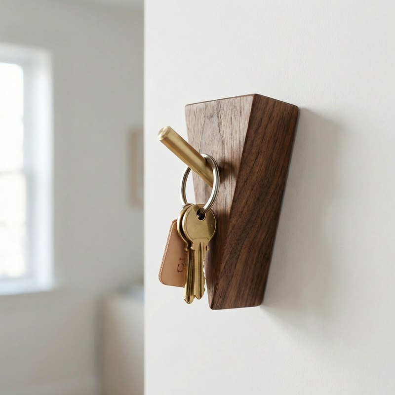 Modern Wooden Wall Hook – Self Adhesive Storage Hook with Angled Brass Peg for Home