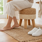 Round Rattan Footstool – Woven Grass Seat Wood Legs Boho Living Room Ottoman