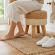 Round Rattan Footstool – Woven Grass Seat Wood Legs Boho Living Room Ottoman