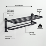 Towel Rack Wall Mount – Foldable Double Bar Aluminum with Shelf and Hooks for Bathroom