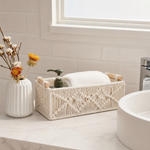 Macrame Storage Basket with Wood Handles – Woven Organizer for Bathroom Living Room
