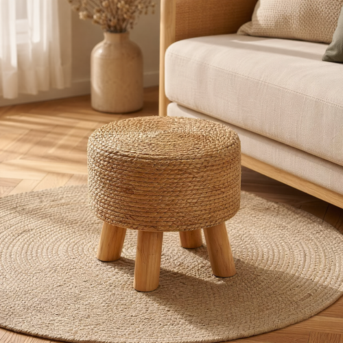 Round Rattan Footstool – Woven Grass Seat Wood Legs Boho Living Room Ottoman