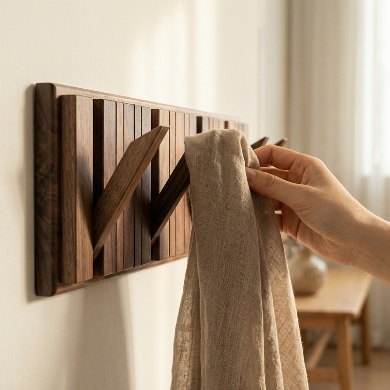Walnut Wall Coat Rack – Piano Key Design Hooks for Entryway Bedroom Bathroom Minimalist Decor