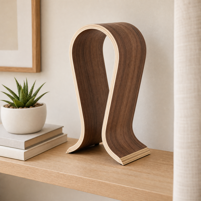 Support de casque en bois — Présentoir de bureau incurvé en noyer pour casques supra-auriculaires
