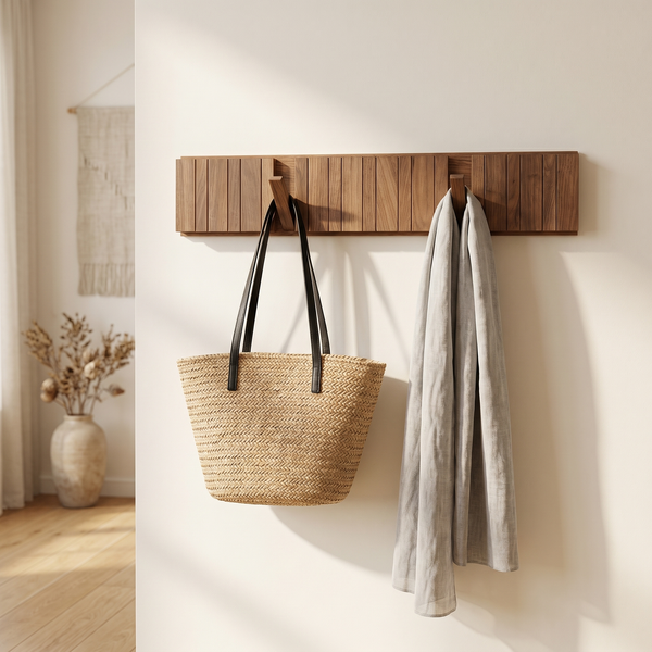 Walnut Wall Coat Rack – Piano Key Design Hooks for Entryway Bedroom Bathroom Minimalist Decor