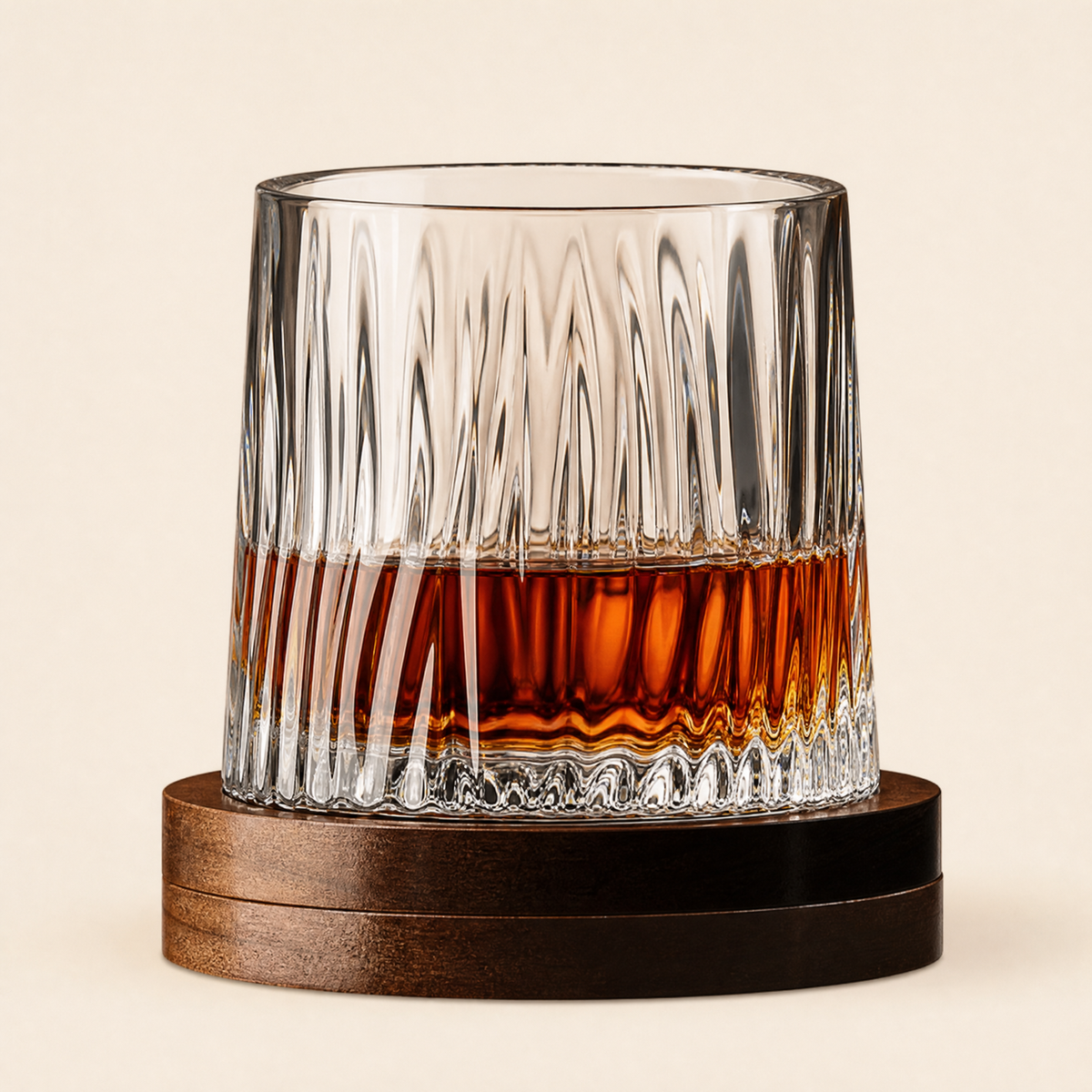 Crystal Tumbler Whiskey Glass – Textured Spinning Base, Cocktail, Bourbon, Bar Decor
