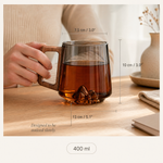 Glass Mug with Wooden Handle – Ribbed Smoky Design, Mountain Relief Base, 400ml
