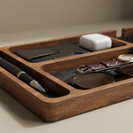 Wooden Desk Organizer Tray – Leather Lined Compartments for Phone, Watch, Glasses, Keys Nightstand