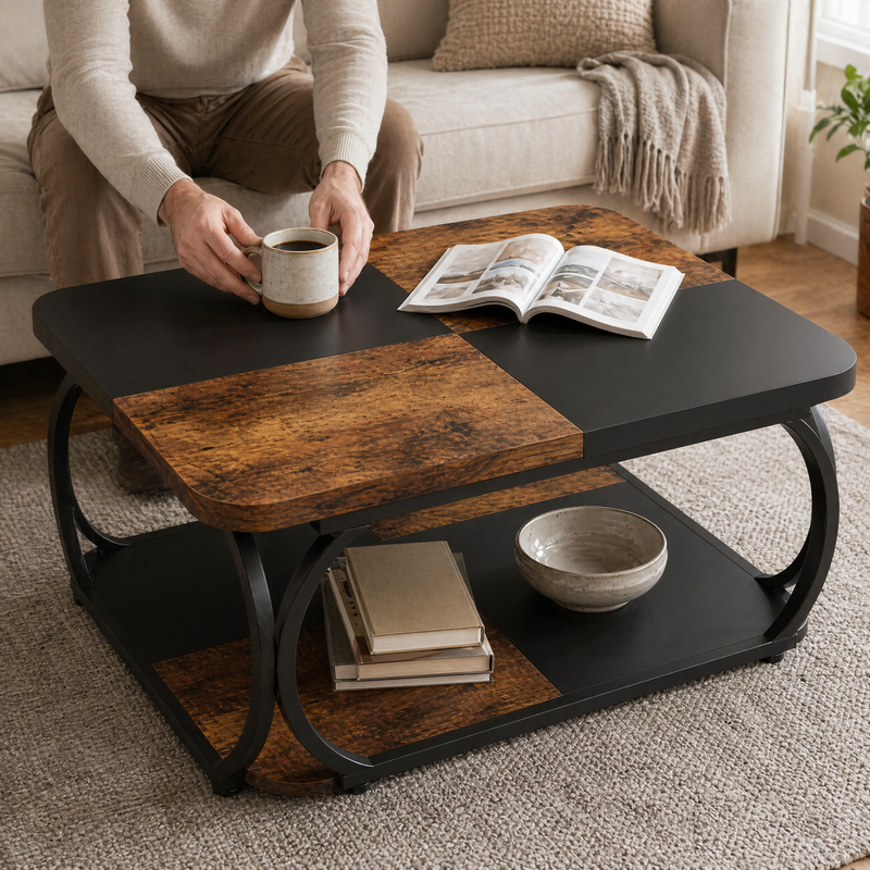 Large Square Coffee Table 2 Tier Storage – Wood Panel Top Curved Metal Frame
