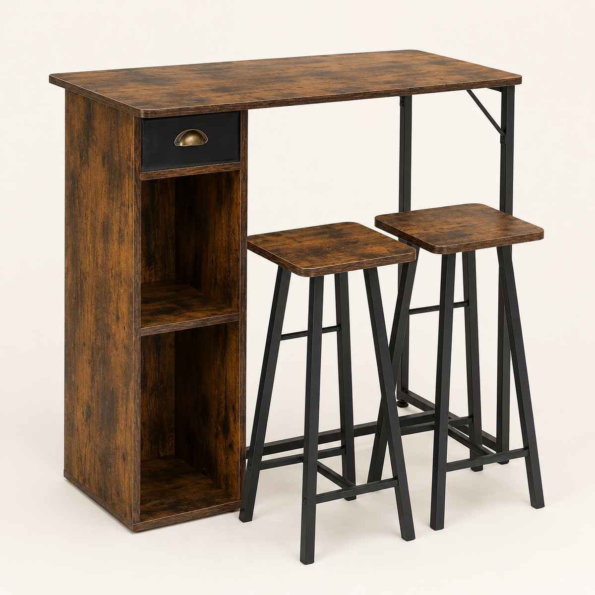 3-Piece Bar Table Set with Storage – Small Space Dining, Industrial Kitchen Breakfast Nook with 2 Stools
