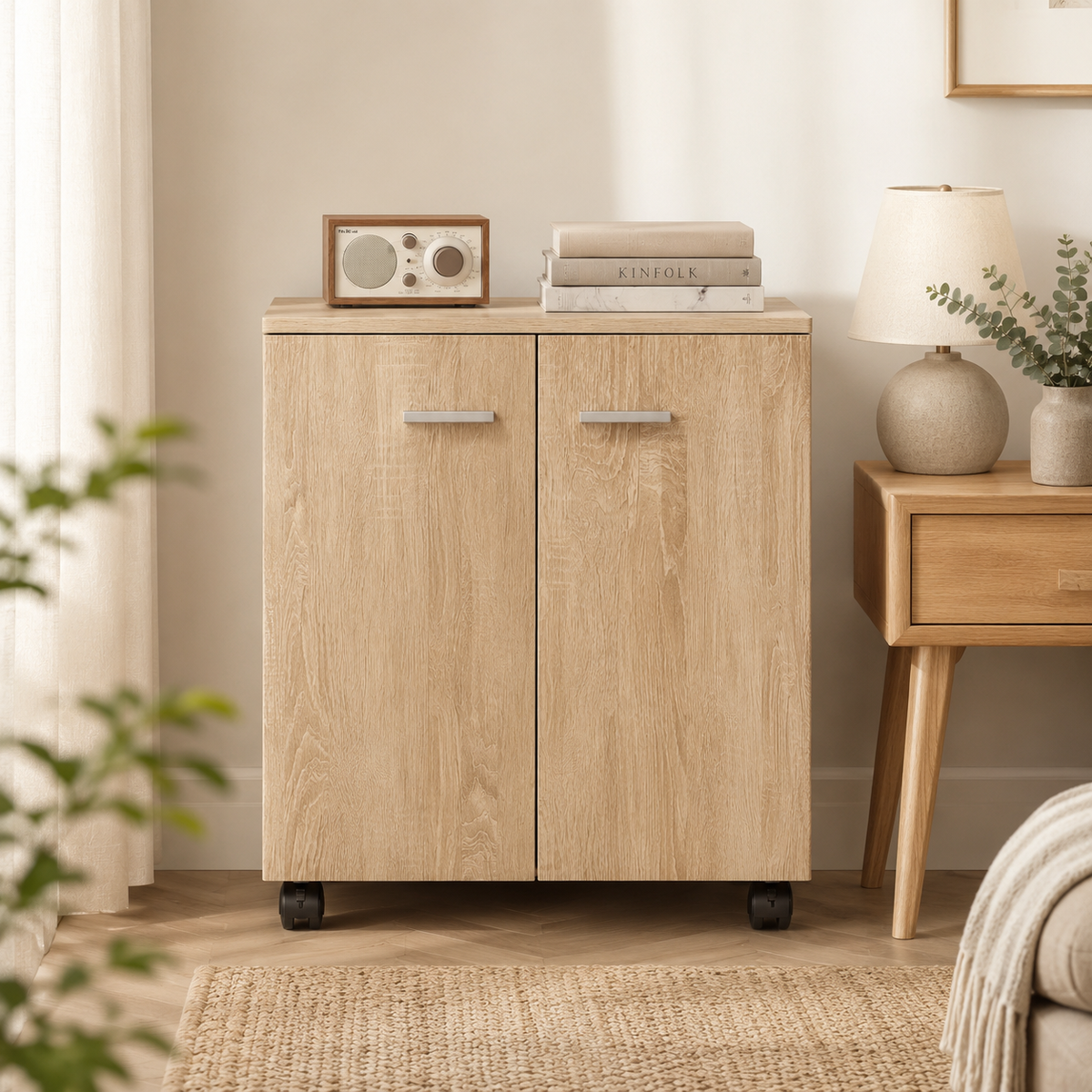 Storage Cabinet – Rolling Sideboard with 2 Doors, Internal Shelf, Castors, Natural Wood Finish, Living Room