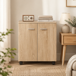Storage Cabinet – Rolling Sideboard with 2 Doors, Internal Shelf, Castors, Natural Wood Finish, Living Room